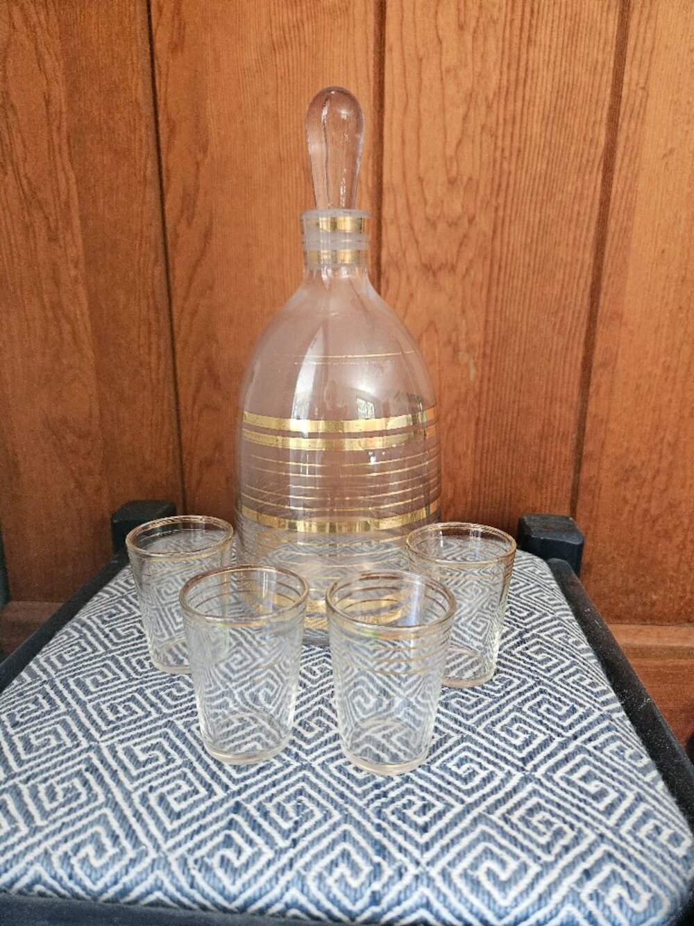 Vintage MCM Gold Stripe Decanter and Shot Glasses (4)